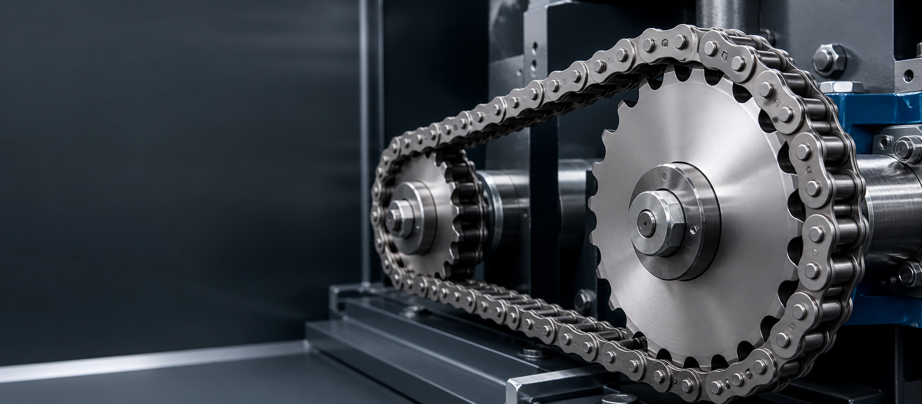 Industrial chain drive system with roller chain and sprockets in machinery