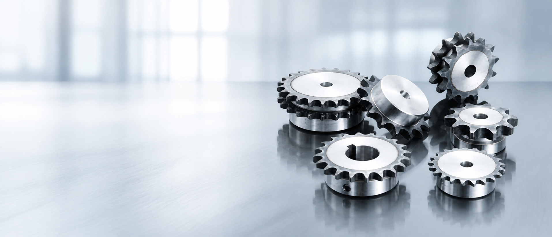 Industrial roller chain sprockets in a bright manufacturing studio