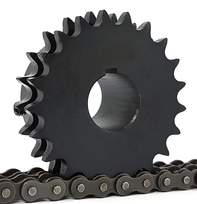 Industrial heavy-duty roller chain sprocket on a matching chain